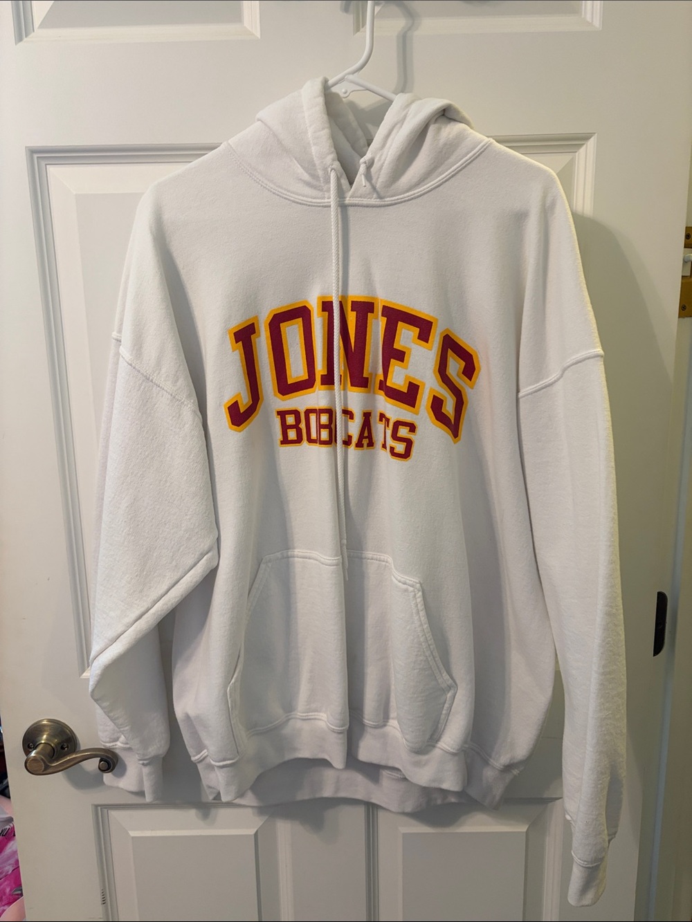Gildan White Hoodie with Gold and Red 'Jones Bobcats' Logo